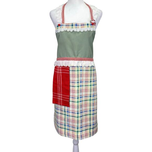 Handmade Retro Plaid & Lace Bib Apron Red & Green Hand Towel Grandmacore - Picture 1 of 8